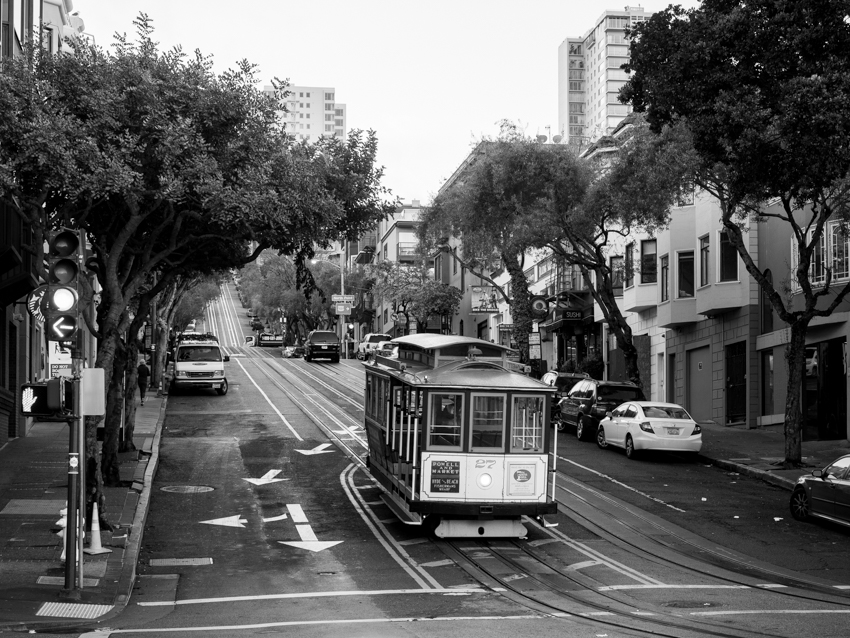 San Francisco cable car black and white