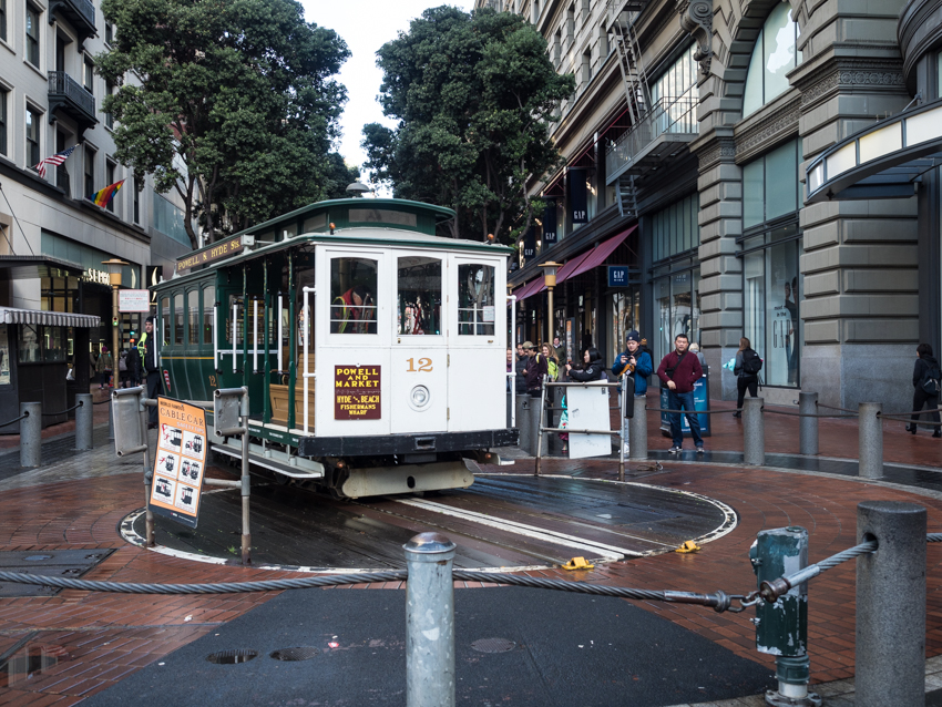San Francisco turning around the cable car at Powell and Market